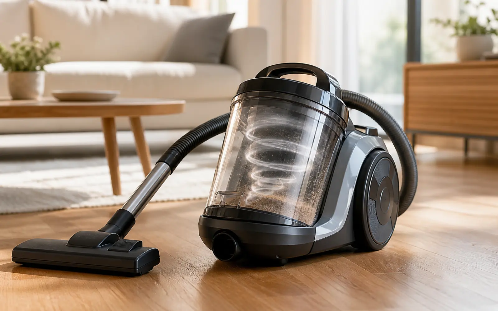 Aspiradora ciclónica sin bolsa con un remolino visible dentro del depósito transparente
