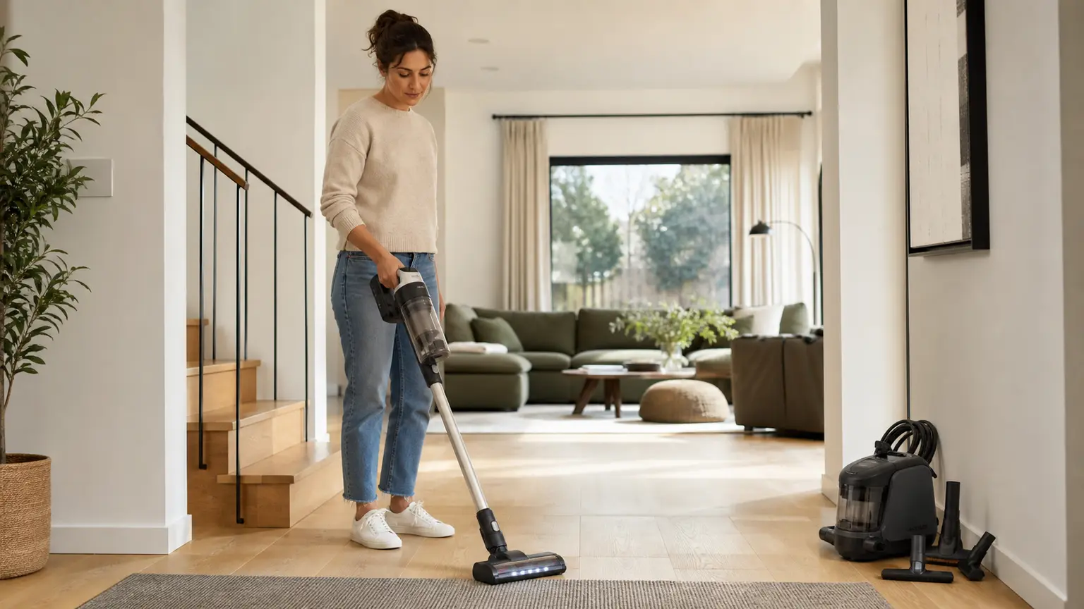 Persona aspirando el pasillo de una casa amplia con escalera y varias estancias comunicadas