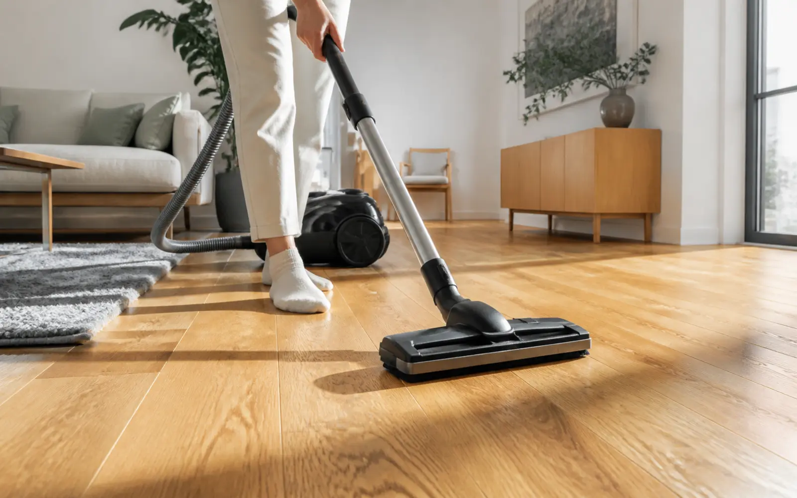 Cabezal de aspiradora con cerdas suaves sobre un suelo de parquet