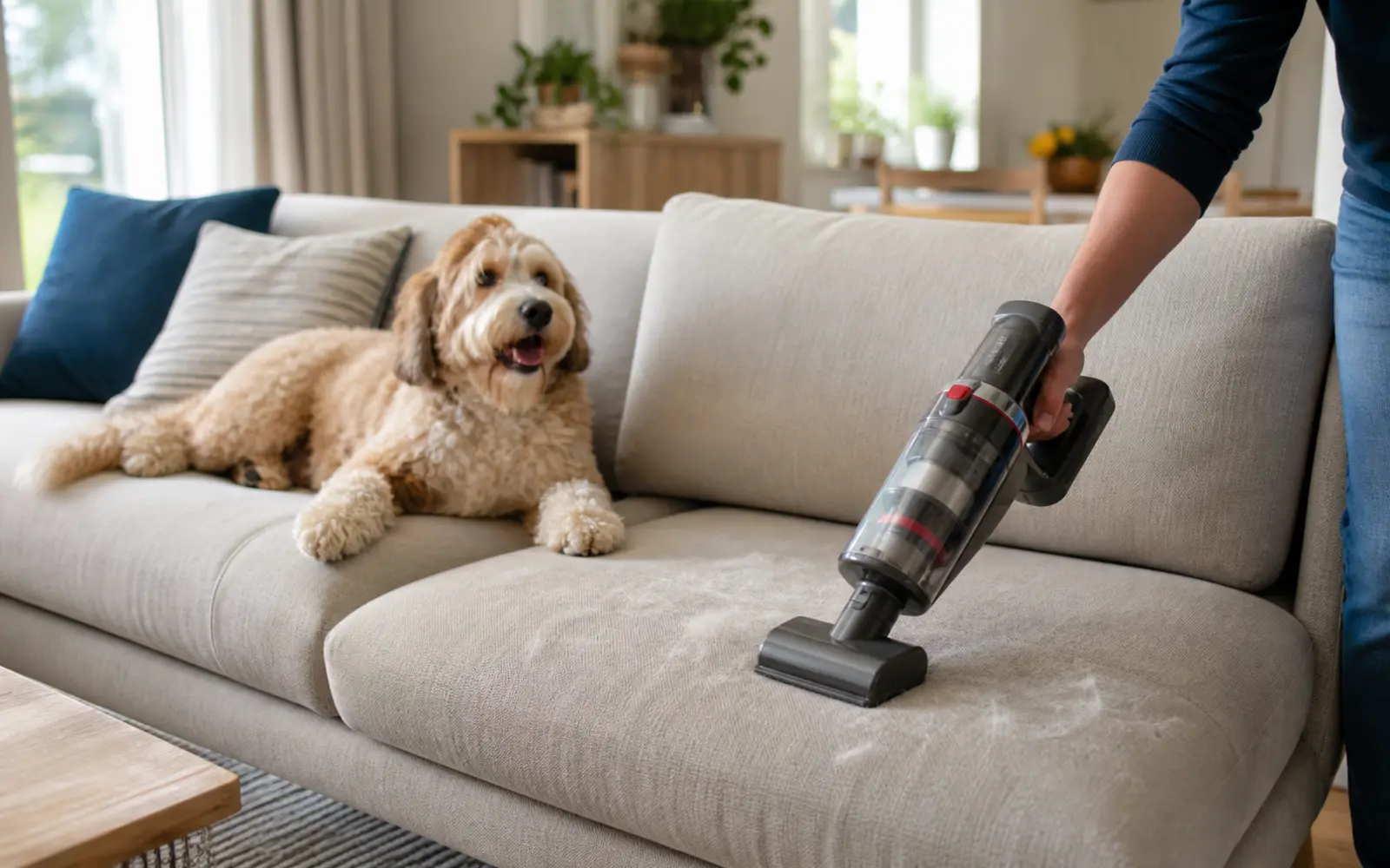 Persona aspirando pelo de mascota de un sofá junto a un perro