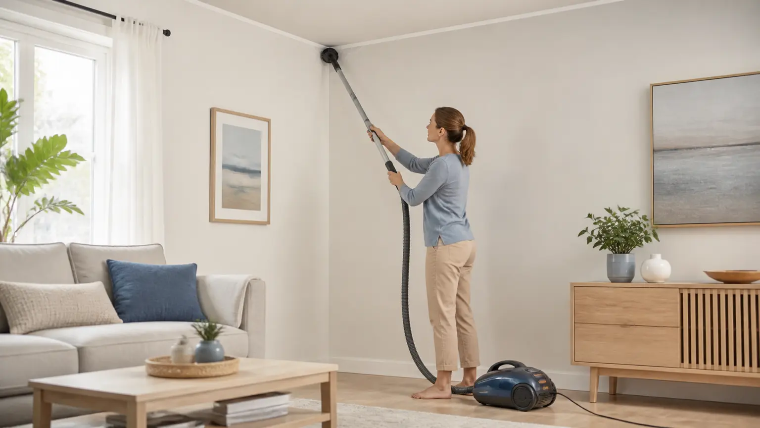 Persona aspirando una esquina alta entre techo y pared con un tubo largo y cepillo suave desde el suelo