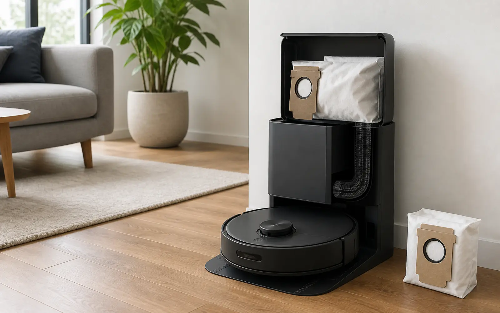 Robot aspirador acoplado a una base de autovaciado con el compartimento de la bolsa abierto