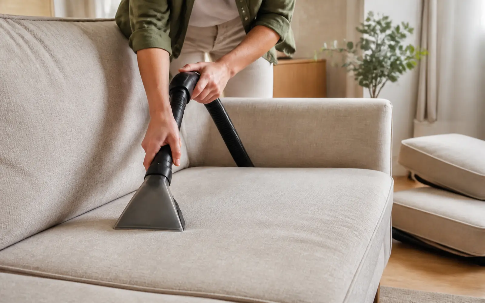 Persona aspirando el asiento de un sofá de tela beige con una boquilla para tapicería