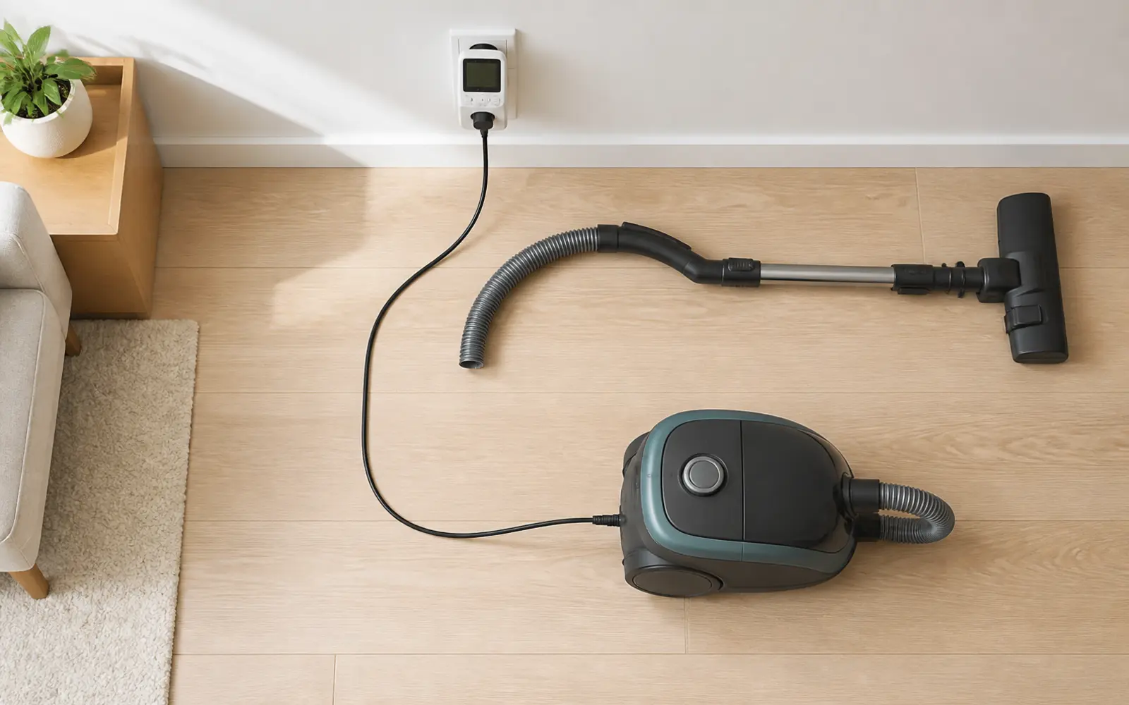 Aspiradora de trineo conectada mediante un único cable a un medidor de consumo eléctrico