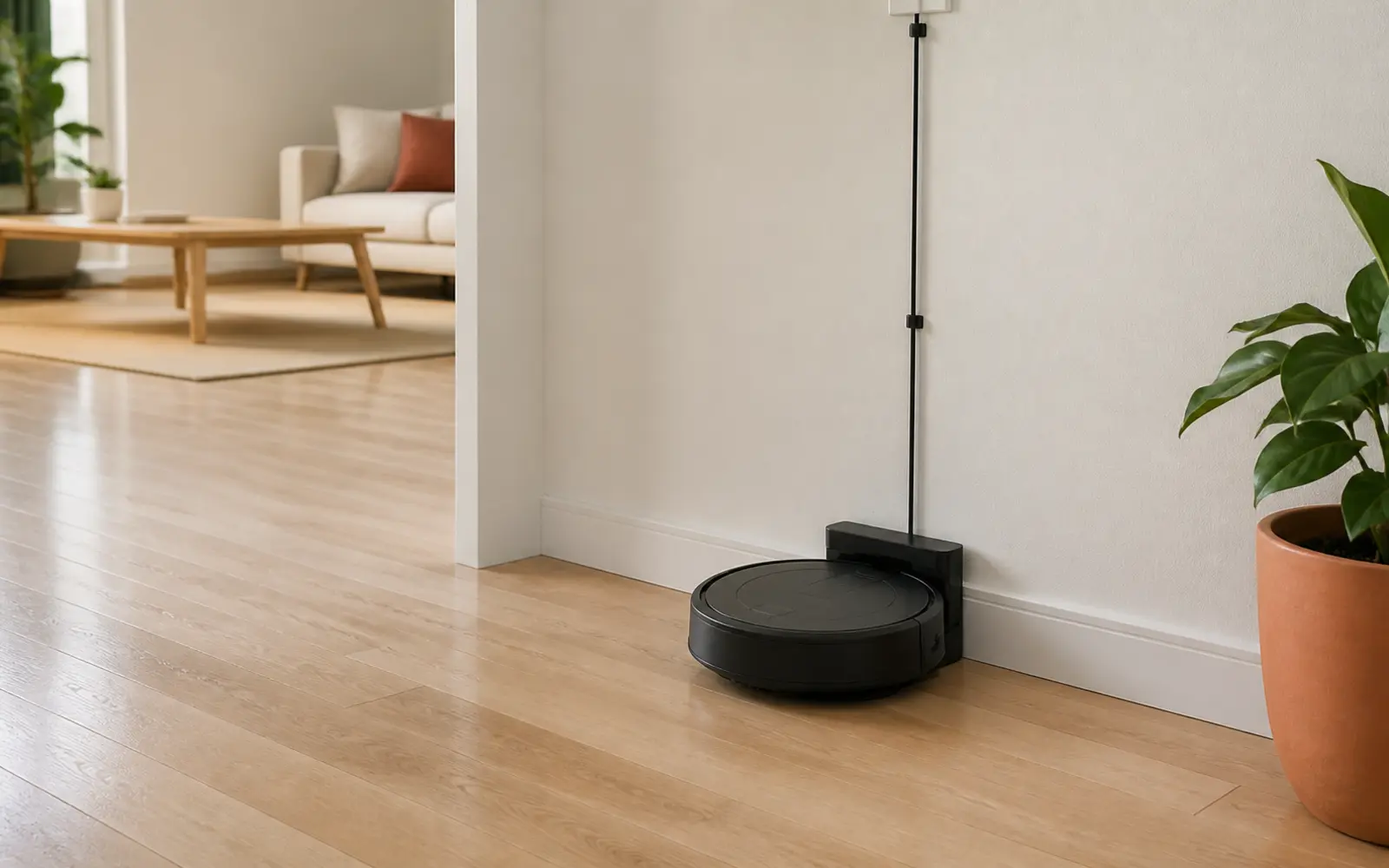 Robot aspirador alineado en una base de carga junto a una pared despejada