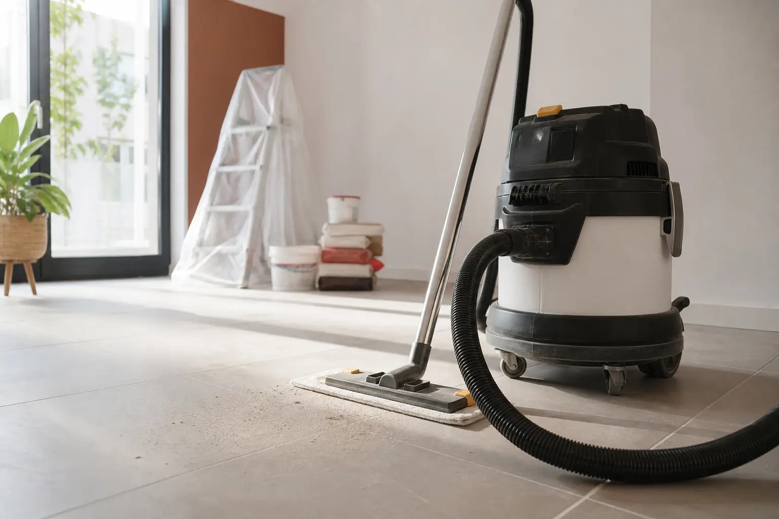Extractor de polvo con manguera y mopa en un salón recién reformado