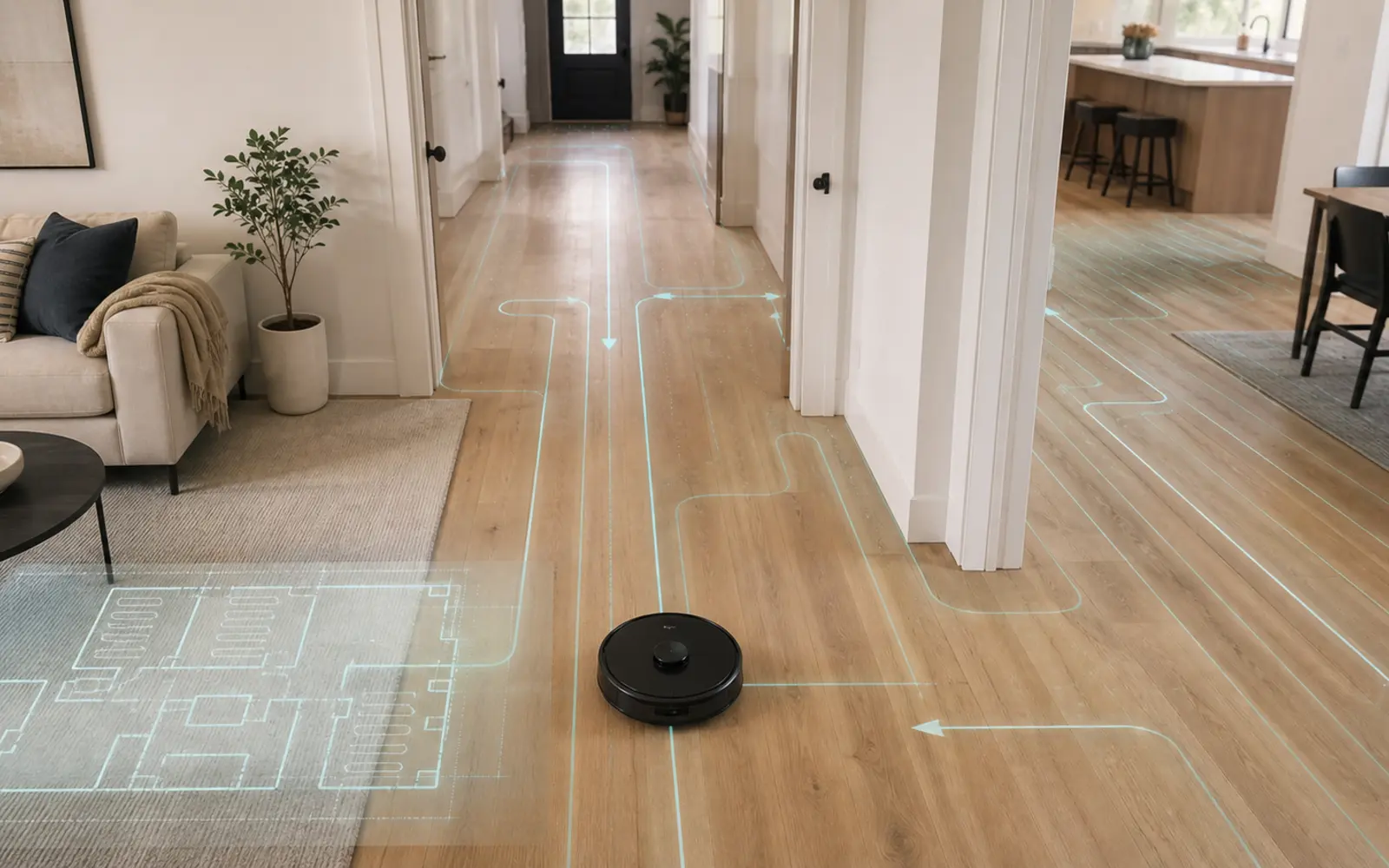 Robot aspirador recorriendo un piso con líneas superpuestas que representan su ruta de mapeo