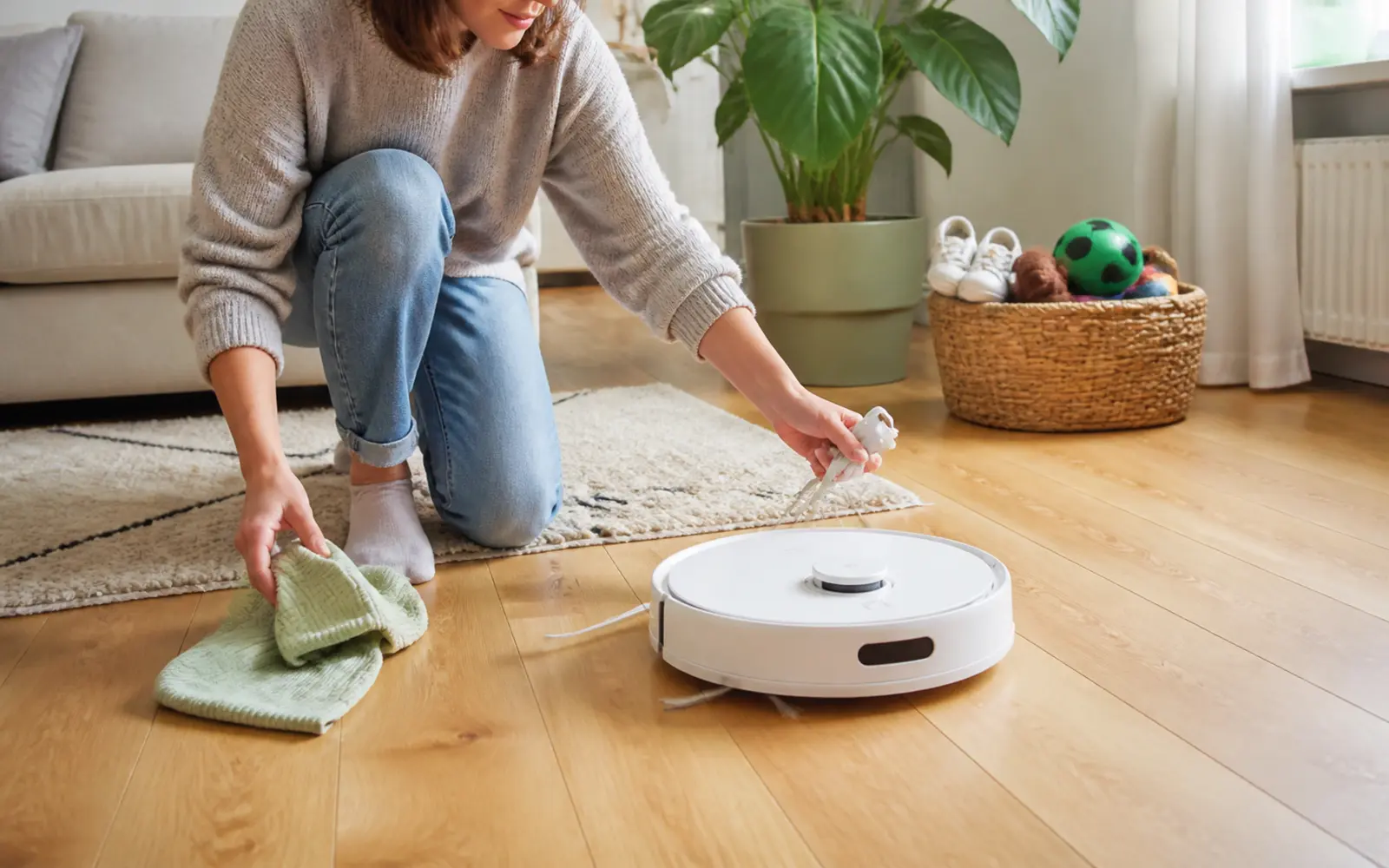 Persona retirando un cable y una prenda del suelo delante de un robot aspirador