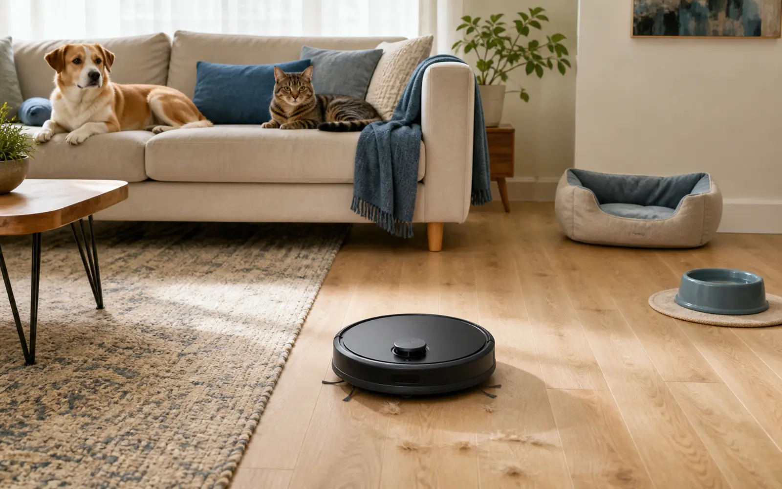 Robot aspirador recogiendo pelo en un salón mientras un perro y un gato descansan en el sofá