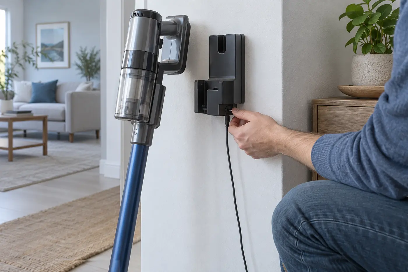 Persona comprobando la conexión de carga de una aspiradora sin cable junto a su soporte de pared
