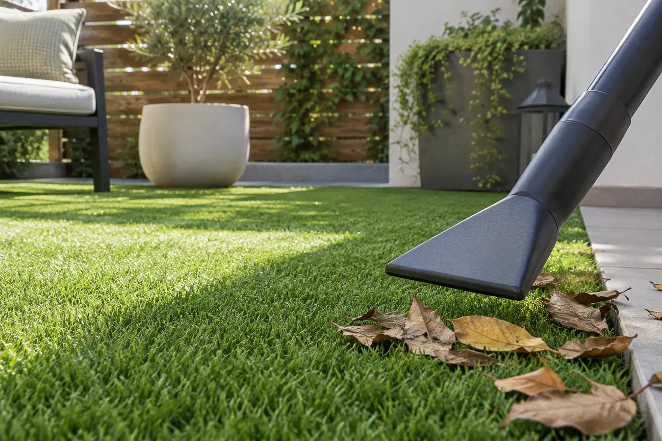 Boquilla de aspirador de jardín cerca de hojas secas sobre césped artificial de una terraza