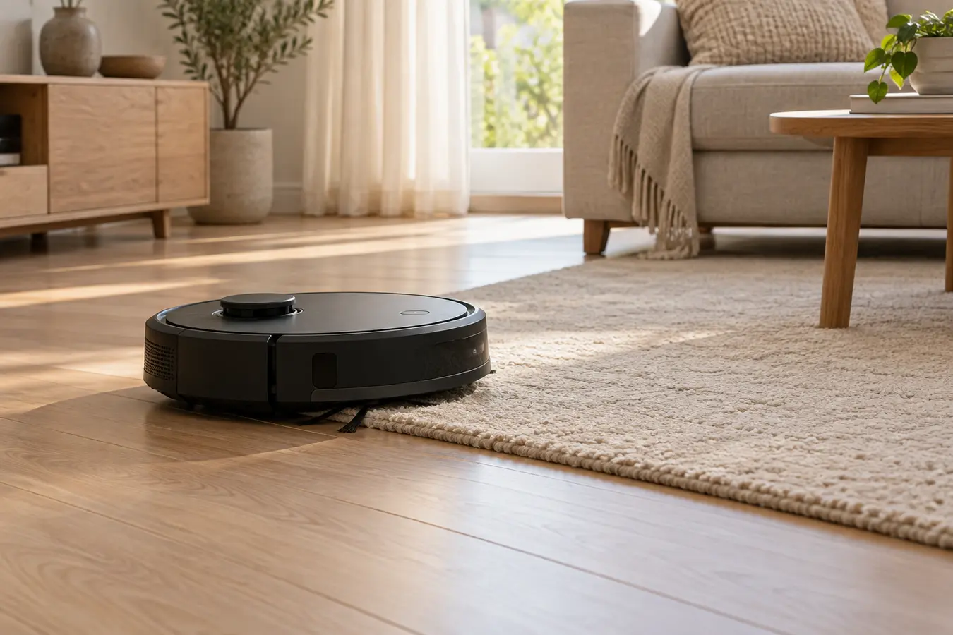 Robot aspirador junto al borde de una alfombra clara de pelo corto en un salón