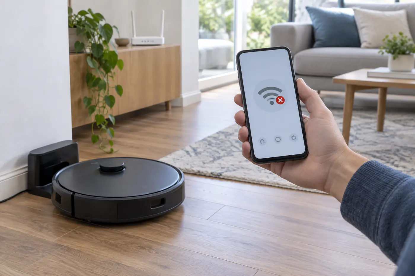 Robot aspirador junto a su base y teléfono que muestra un icono de wifi desconectado