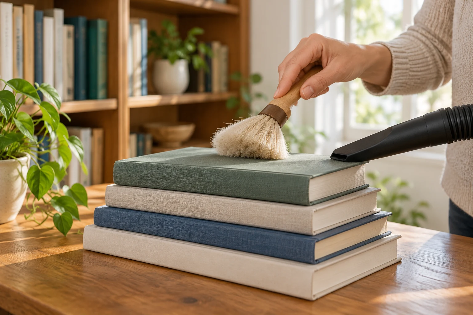 Libro moderno cerrado sobre una mesa con una brocha suave y una boquilla de aspiradora cerca