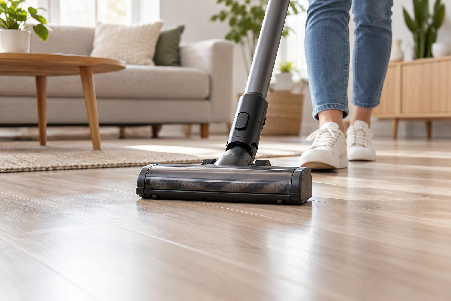 Cabezal de aspiradora sobre un pavimento claro con acabado de madera