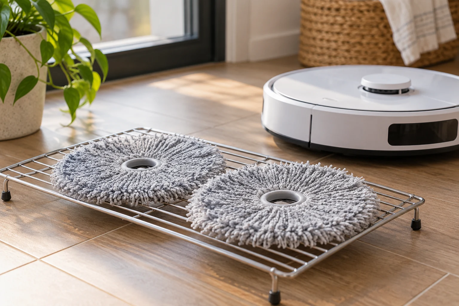 Dos mopas circulares desmontadas secándose junto a un robot aspirador