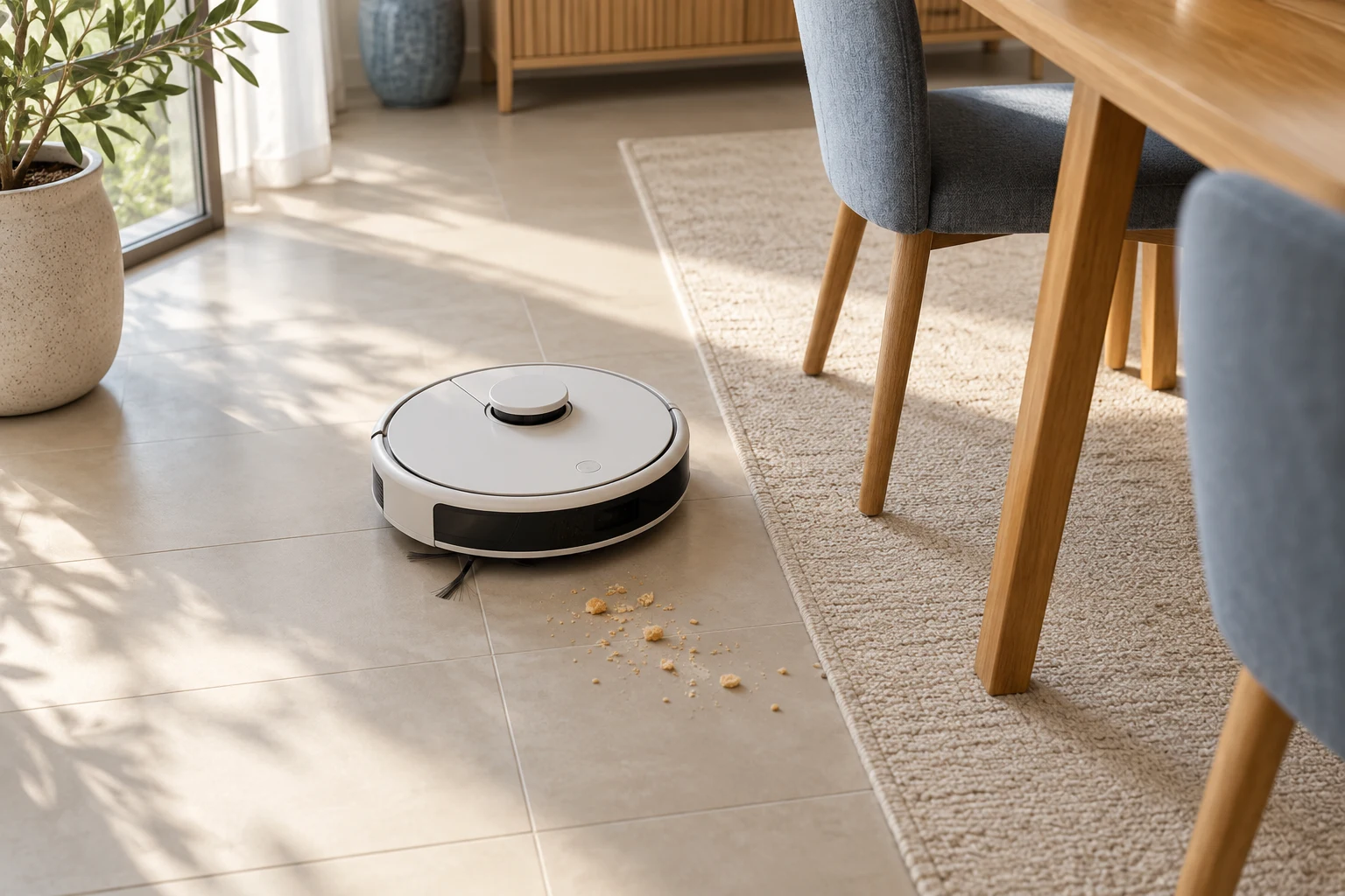 Robot aspirador recogiendo pequeñas migas en el suelo de un comedor junto a una alfombra