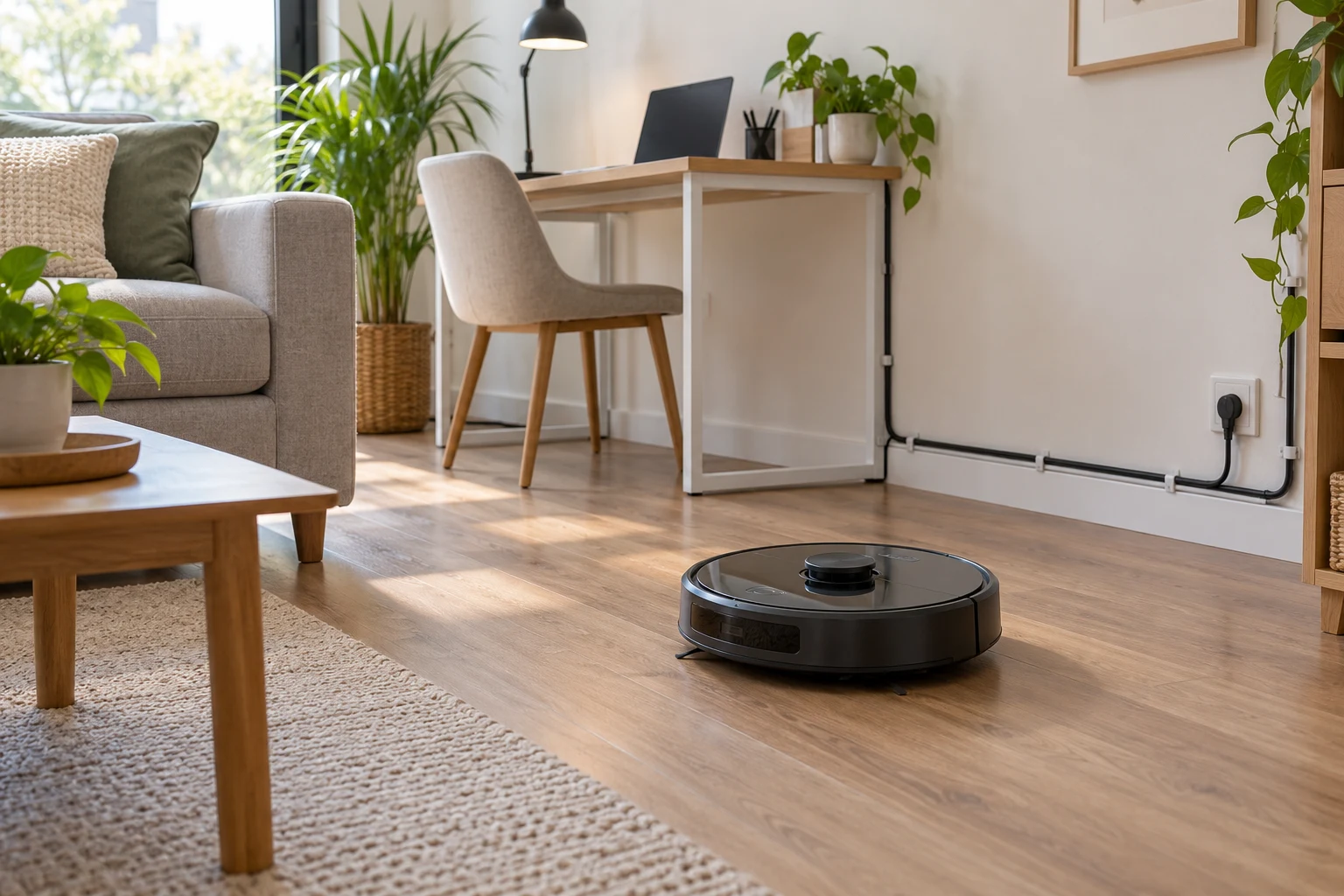Robot aspirador en un salón con los cables del escritorio recogidos junto al rodapié