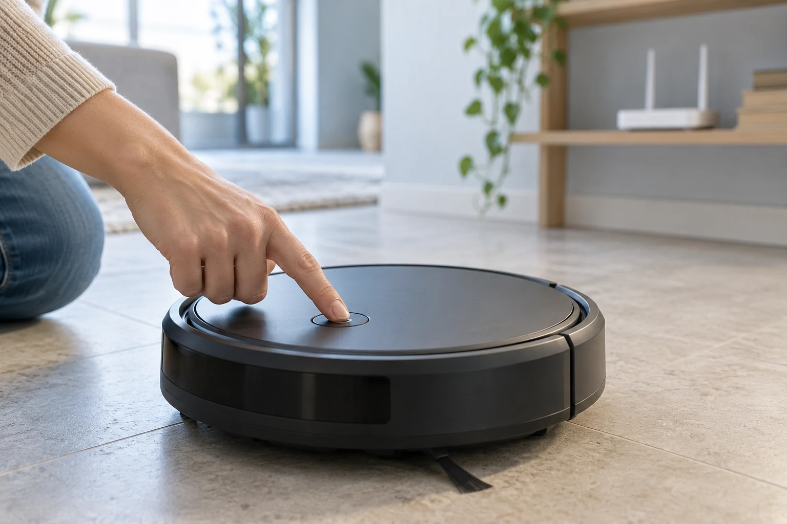 Mano de un adulto pulsando el botón superior de un robot aspirador en un suelo claro