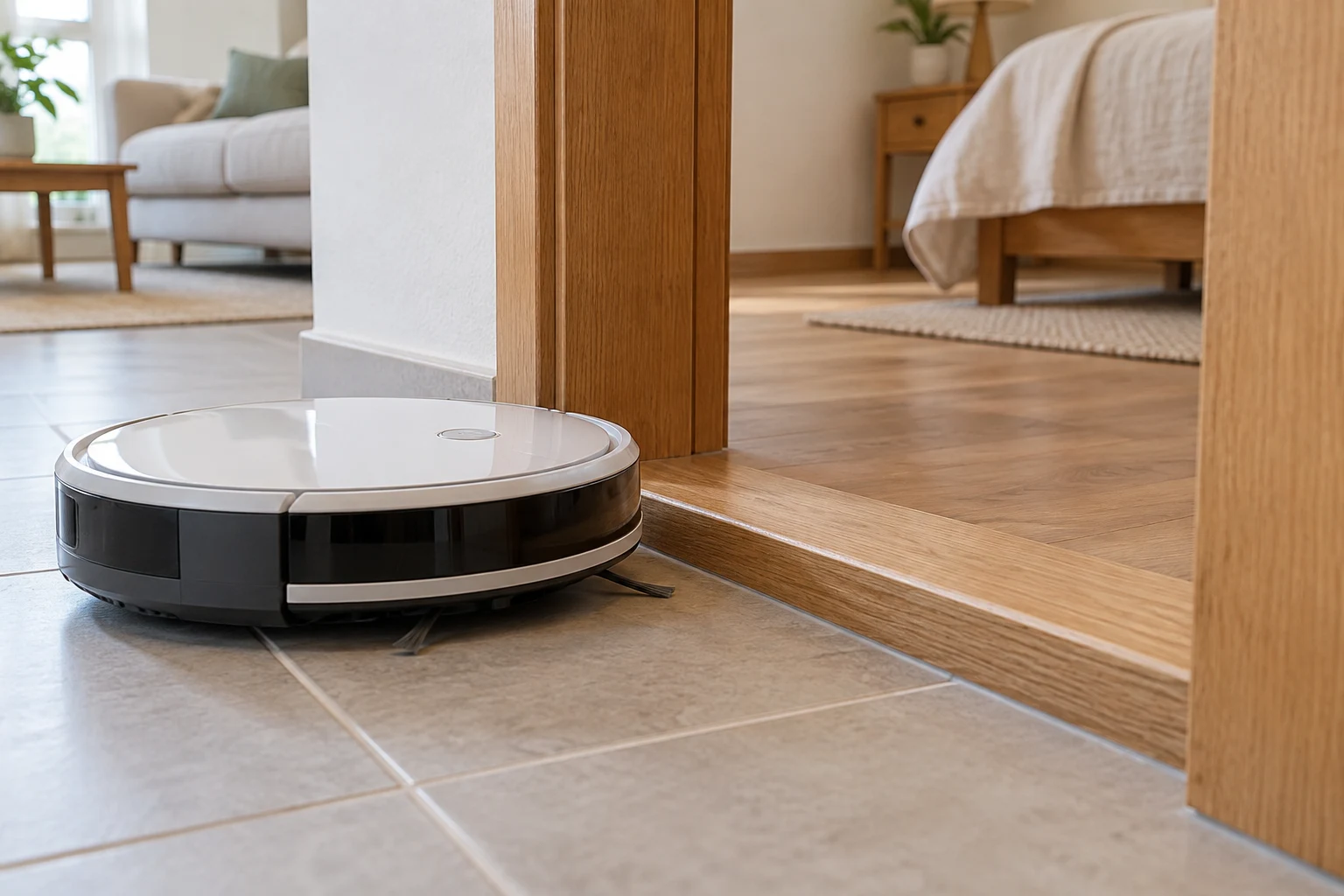 Robot aspirador frente a un umbral de madera entre dos habitaciones